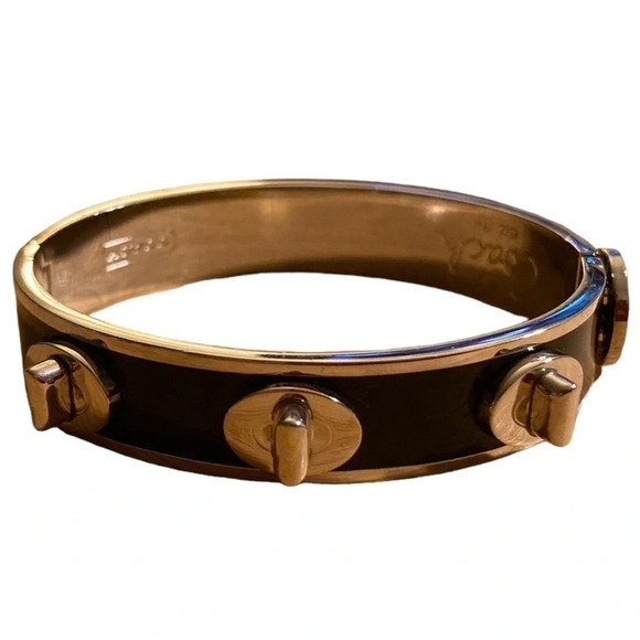 COACH Vintage Y2K Studded Black Enamel & Silver Hinged Bangle Bracelet NEW NWOT - Picture 1 of 6